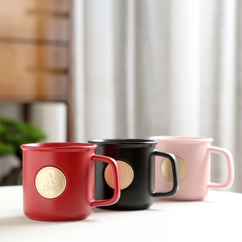 星巴風復古馬克杯銅牌咖啡杯水杯陶瓷杯批發(fā)制定logo文創(chuàng)開業(yè)禮品